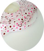 Wstążka satynowa - Biała w różowe i brązowe  kropeczki 15mm